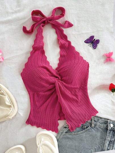 Soleia Plus Size Women's Sexy Backless Twist Knot Halter Neck Solid Color Beach Vacation Top