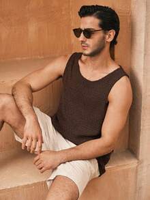 Manfinity VCAY Áo tank top nam cổ tròn màu trơn, chất liệu dệt kim, kiểu dáng thường ngày, thời trang mùa hè. - Rỉ Nâu - Xem 6
