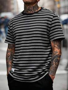 HIMLAND Men's Casual Commuter Streetwear Minimalist Striped T-Shirt - Black and White - View 6