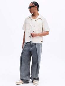 SUMWON Light Wash Short Sleeve Button Up Denim Shirt Point Collar Chest Pockets Regular Fit Classic Summer Style - Apricot - View 3