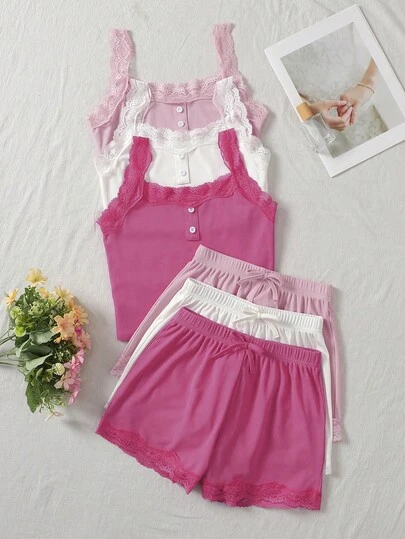 SHEIN 6件套少女纯色休闲舒适吊带短裤睡衣套装