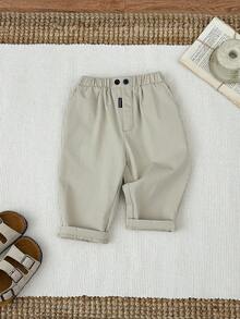 SHEIN 男婴/女婴休闲卡其色松紧腰带口袋校裤/长裤/裤子 - 卡其色 - 查看 5