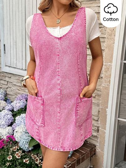 SHEIN Maternity V-Neck Sleeveless Denim Dress With Pockets, Casual