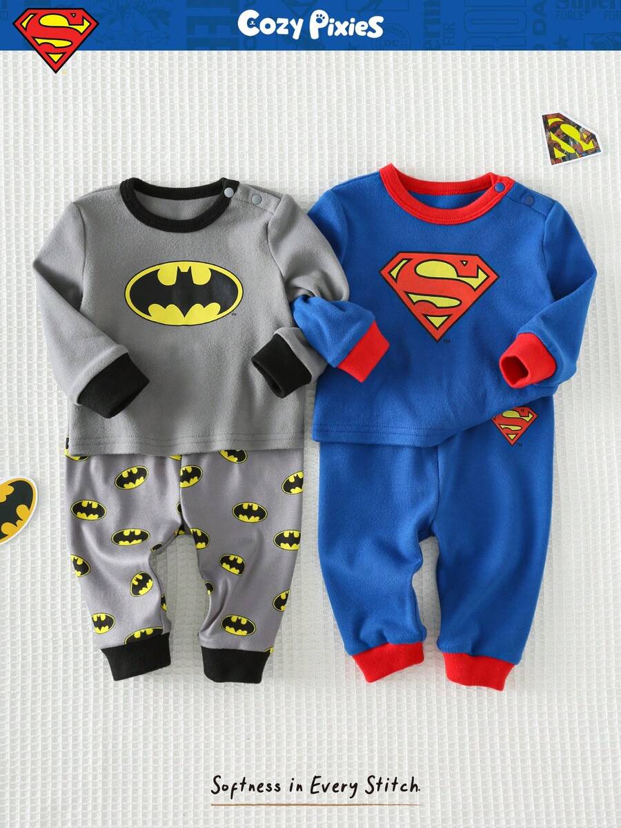 SUPERMAN X Cozy Pixies 4pcs Newborn Baby Boy/Girl Cartoon Superhero Pattern Knit Soft Crew Neck Long Sleeve Top And Elastic Waist Pants Set - Multicolor - View 1