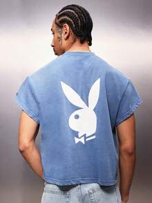 PLAYBOY X SUMWON Oversized Washed Tank Top With Large Bunny Logo Back Print Crew Neck Cap Sleeves Cotton Blend Casual Summer - Royal Blue - View 1
