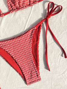 Swim Mod 2026 Spring/Summer Red Spaghetti Strap Textured Red & White Plaid Side Tie Bikini Two Pieces Swimsuit For Women - Red - View 3