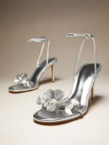SHUZIA 女士花朵装饰细高跟日常聚会性感优雅金属 PU 高跟凉鞋 - 銀色 - 查看 6