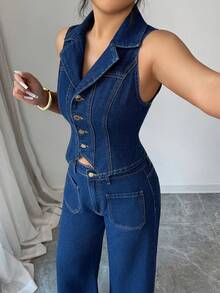 Elenzga Women's Elegant Commuting Casual Versatile Wide Leg Loose Fit Non-Stretch Denim Jeans & Relaxed Fit Denim Top Set - Dark Wash - View 3