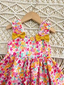 SHEIN Baby Girl Cute Floral Pattern Bow Strap Sundress, Summer Squishy Summer Outfits Summer Clothes Summer Dresses Vacation Spring Dresses Vacation Dresses - Multicolor - View 2