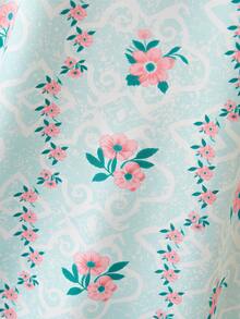 Tween Girls Vintage Floral Pattern Elegant V-Neck Gold Embroidery Print Trim Dress, Light Green - Multicolor - View 6