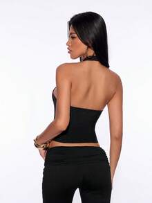 SHEIN ICON Women's Solid Color Sleeveless Halter Backless Cropped Tank Top, Summer - Black - View 3