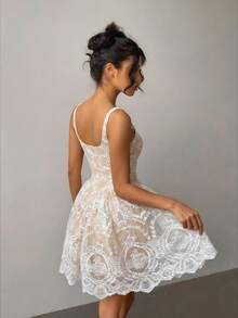 Aloruh Đầm ngắn ren xếp ly bên hông cổ vuông dành cho nữ - trắng - Xem 4