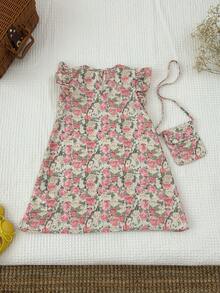 SHEIN 少女碎花无袖休闲连衣裙配斜挎包 - 粉色 - 查看 2