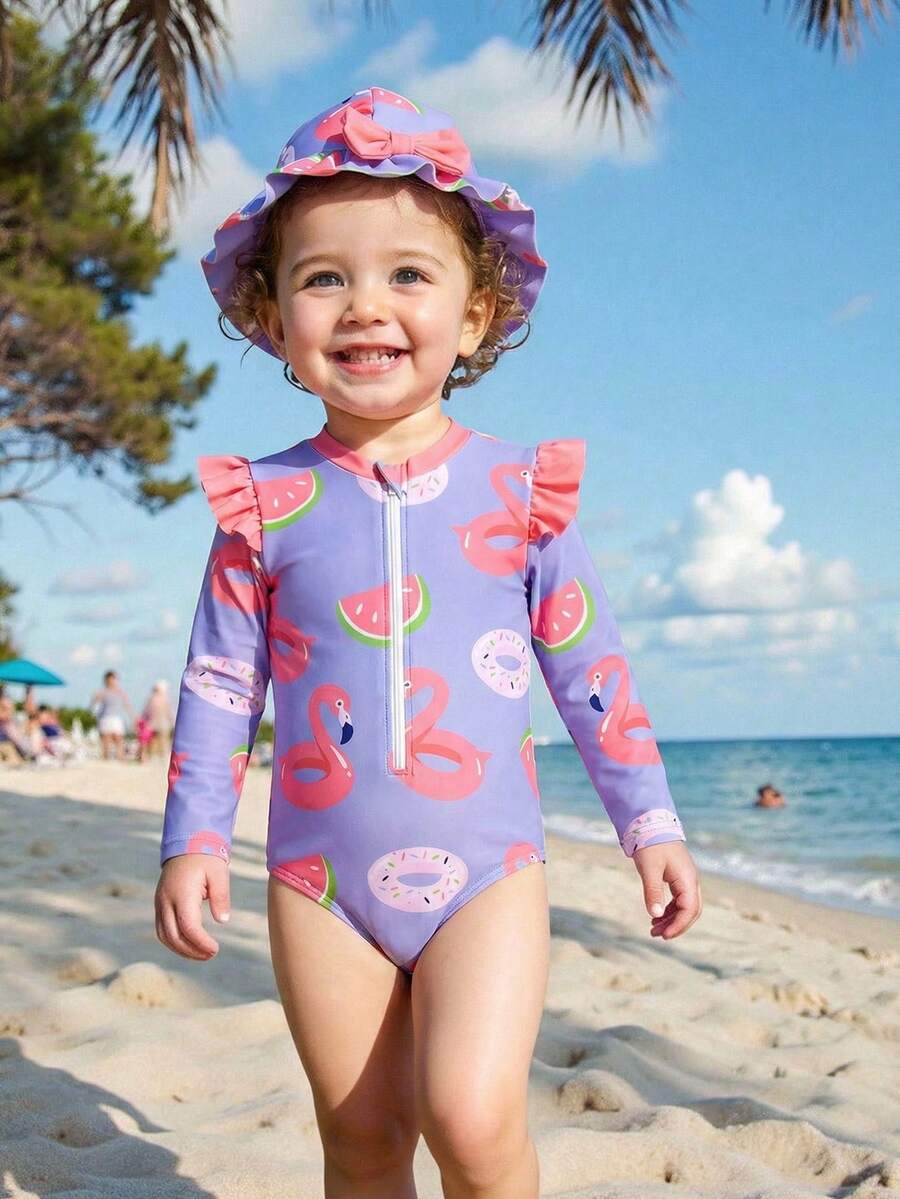 Toddler Girl High Neck Long Sleeve One Piece Swimsuit With Ruffles And Cartoon Print Tropical Baby Girl Bathing Suit Toddler Girl Flamingo Watermelon Swimsuit Watermelon Baby Swimsuit Baby Girl Long Sleeve Swimsuit - Multicolor - View 1