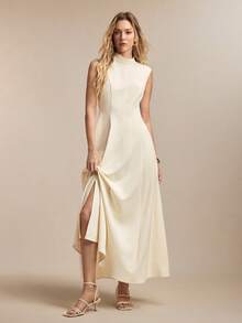 BizChic Spring/Summer New White Mandarin Collar Sleeveless Off-Shoulder Side Invisible Zipper Slit Dress, Versatile Layering, Elegant Carnival Party Wear - Apricot - View 7