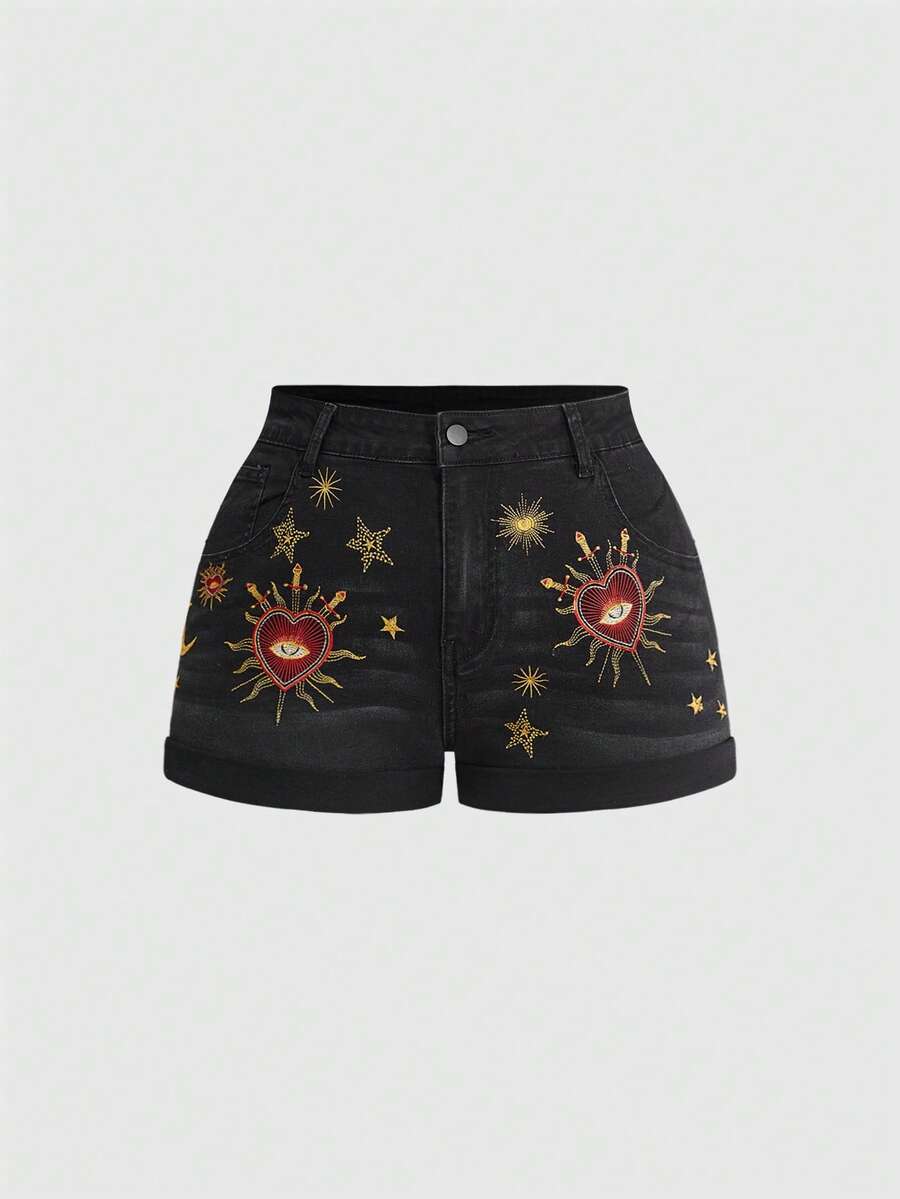 ROMWE Grunge Punk Quần short denim cỡ lớn ống rộng thêu hình ngôi sao và mặt trăng phong cách Y2K. - màu đen - Xem 1