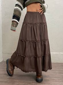 SHEIN EZwear Solid Ruffle Hem Lace Trim Skirt - Chocolate Brown - View 7