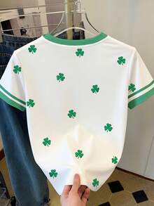 Resyla 女士绿色四叶草图案撞色印花简约圆领短袖T恤上衣，夏季时尚 - 彩色 - 查看 2
