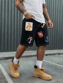 AXEPEAK Men's Washed Letter Print Fashion Denim Shorts - Black - View 2