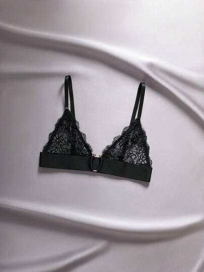 Black Wireless Triangle Cup Metal Ring Shiny Lace Patchwork Romantic French Elegant Refined Ladies Bra