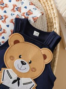 SHEIN Conjunto de 2 piezas para bebé niño: camiseta casual con estampado de oso lindo y peto con oso 3D, apto para uso al aire libre, verano - azul real - Ver 7