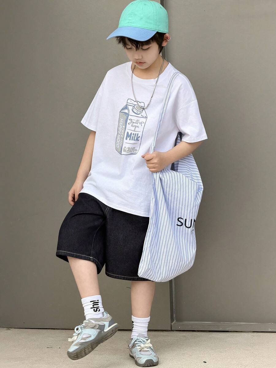 DAZY 男童奶牛印花圆领宽松休闲短袖T恤 - 白色 - 查看 1