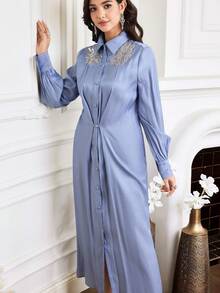 Al Najma New Elegant Ruched Waist Handmade 3D Floral Ruched Cinched Waist Versatile Formal Shirt Dress - Blue - View 8