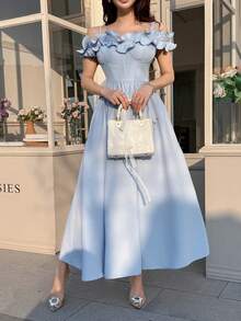 Feyla New Arrival Spaghetti Strap Off-Shoulder Pleated Romantic Ruffle Waist Elegant A-Line Cocktail Party Dress - Blue - View 3