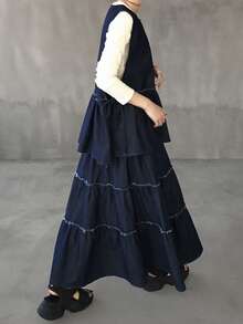FRIFUL Ensemble en jean décontracté pour femmes avec volants à l'ourlet et liens - Bleu azur - Voir 7
