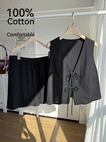 Comfortcana 大码女式系带背心和短裤休闲两件套 - 黑色 - 查看 1