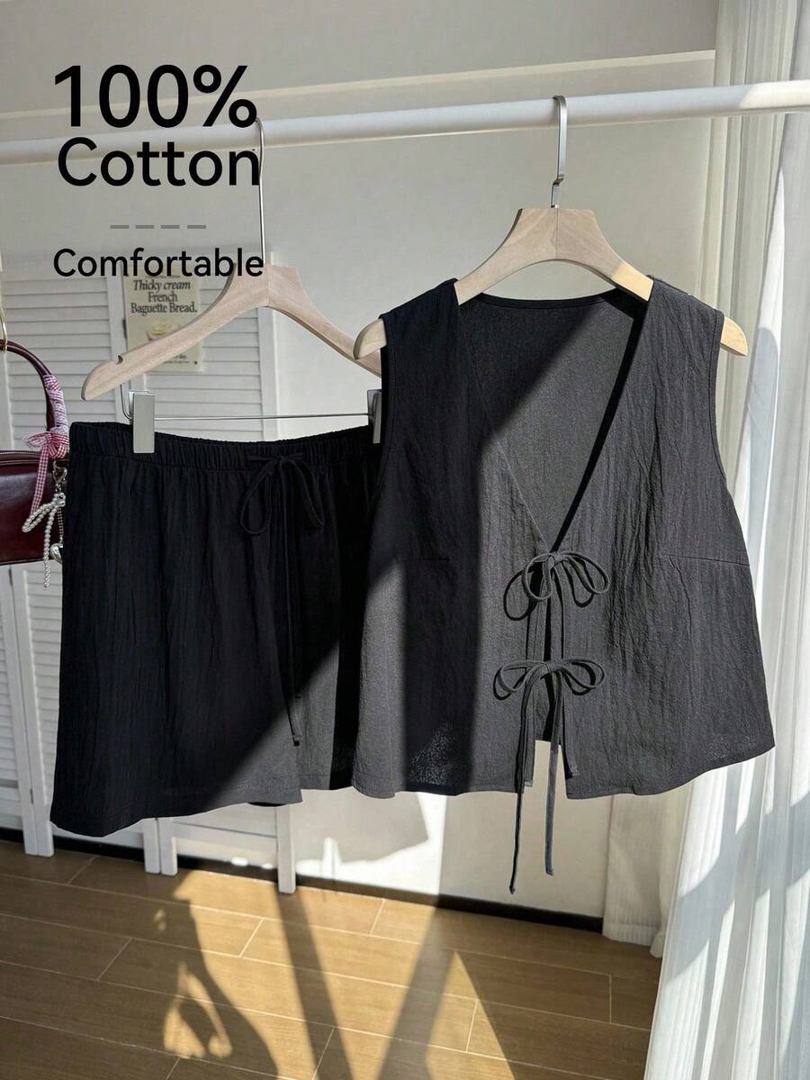 Comfortcana 大码女式系带背心和短裤休闲两件套 - 黑色 - 查看 1