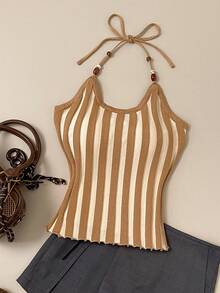 Muvela New Khaki Striped Adjustable Beaded Tie-Up Neck Knit Top, Elegant Urban Commuter Wear For Women, Spring/Summer - Coffee Brown - View 2