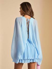 SHEIN BAE Baby Blue Elegant Ruched V-Neck Backless Batwing Sleeve Mini Dress, Suitable For Wedding Guest, Brunch, Social Occasions, Summer, Date, Birthday Party - Baby Blue - View 2