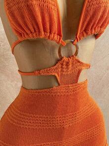 Soleia 女士纯色吊带镂空修身时尚迷你连衣裙，夏季 - 橘色 - 查看 4