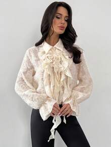 Firerie 女士优雅精致浪漫复古宫廷风荷叶边提花纹理纽扣喇叭袖杏色衬衫，适合秋季和春季穿着 - 杏色 - 查看 5