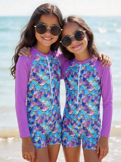 Traje de baño de una pieza con estampado de concha y escamas de pez iridiscente lavanda minimalista informal para niña preadolescente, adecuado para el verano y el surf