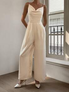 DAZY Damen eleganter einfarbiger ärmelloser Romper mit weitem Bein, Sommer Romper - Beige - Übersicht 5
