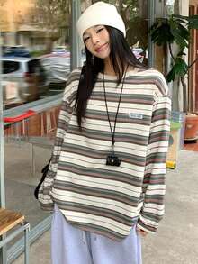 DAZY 女士条纹圆领落肩长袖休闲宽松T恤 - 綠色 - 查看 6