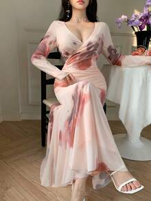 DAZY Tie Dye Surplice Neck Mesh Dress Sundress - Pink - View 7