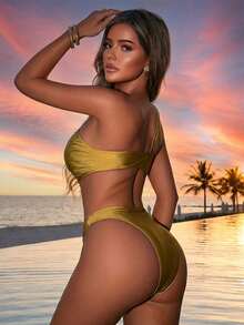 Swim SXY 26SS Women's Cute Summer Olive Green Shiny Metallic One-Piece Swimsuit, & Elegant Asymmetric Cutout Shoulder Beach Outfit For Vacation,Holiday - Mustard Yellow - View 2