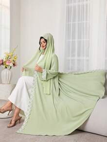 Al Najma 2-Tone Floral Trim Front Tie Light Green Robe With Headscarf - Green - View 1