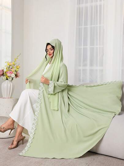Al Najma 2-Tone Floral Trim Front Tie Light Green Robe With Headscarf