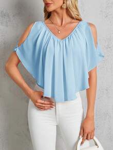 SHEIN Clasi Áo thun trễ vai viền bèo nhún - Màu xanh nhạt - Xem 5