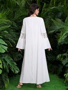 SHEIN Najma Spring/Summer Fashion Casual White Cotton Blend Embroidered Lace Trim Flare Sleeve Robe Jalabiya - White - View 7