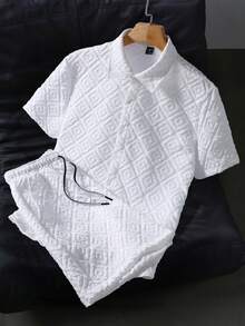 Manfinity RSRT 男士纯色休闲短袖上衣和短裤两件套 - 白色 - 查看 3