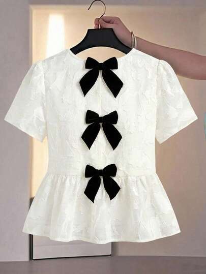 قمصان بناتية مراهقات بلون أبيض وأسود متباين مزينة بفيونكة أكمام قصيرة صيفية