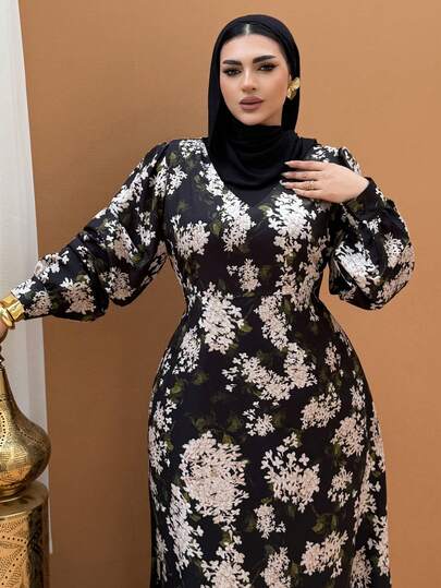 Dazy Plus Plus Size Women Floral Print Lantern Sleeve Waist Cinched Party Dress, Spring/Summer