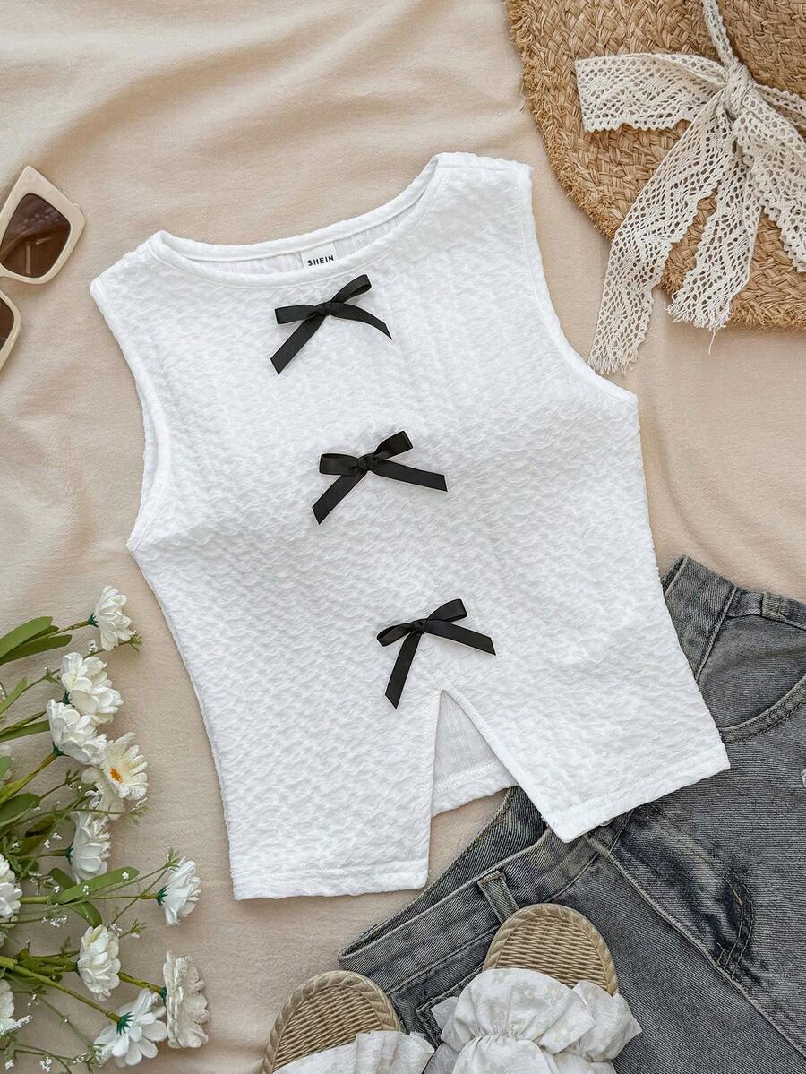 SHEIN Tween女孩針織紋理圓領無袖對比蝴蝶結下擺後開衩修身綁帶白色背心上衣 - 白色 - 查看 1