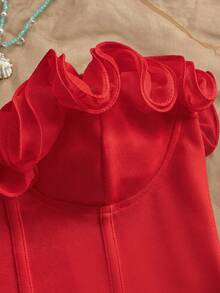 Soleia 女士性感浪漫无肩带荷叶边修身上衣和低腰荷叶边迷你裙两件套，适合晚宴、节日、圣诞节、约会之夜、夜店、波西米亚风、度假、秋季等场合。 - 紅色 - 查看 7