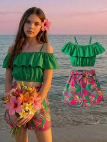 两件套少女绿色露肩短款上衣和热带树叶印花短裤套装，春夏假日 - 彩色 - 查看 1